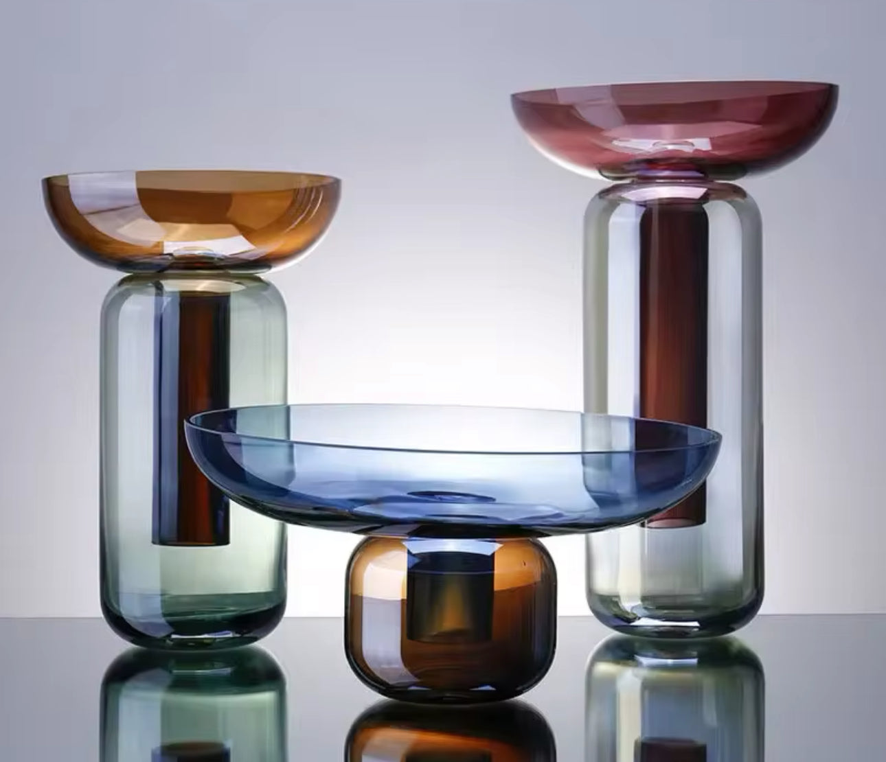 Amber & Blue Glass Vases Composition of 2